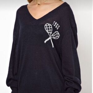 WILDFOX Hampton Tennis Club 1966 Semi Sheer Oversized Sweater Navy V-Neck Small